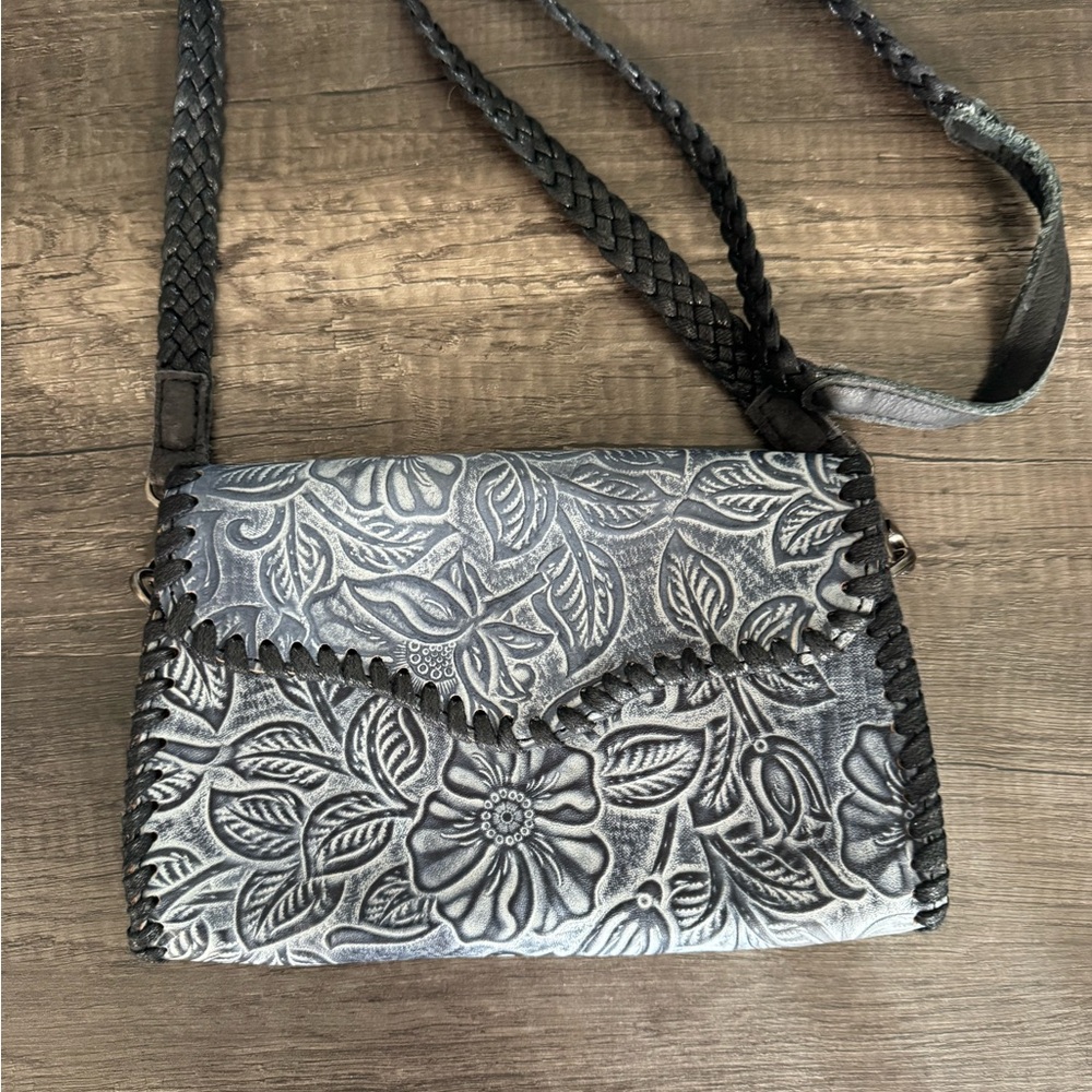 GENUINE LEATHER Elegant Gray Floral Embossed Women's Cross Body Bag